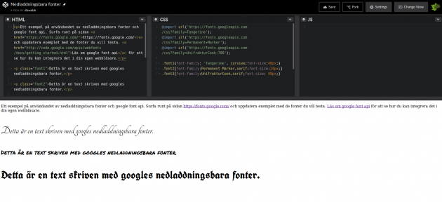 Exempel som använder Googles tjänst för nedladdningsbara fonter.