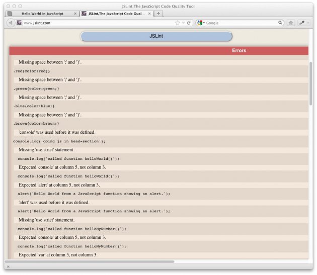 Många felmeddelanden blev det i JSLint.
