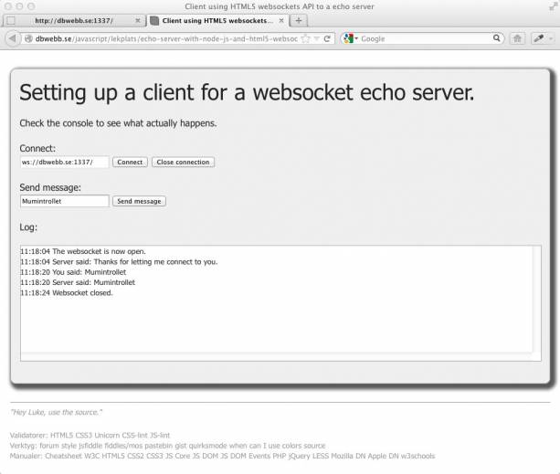 En websocket-klient som kopplar sig till en echo-server.