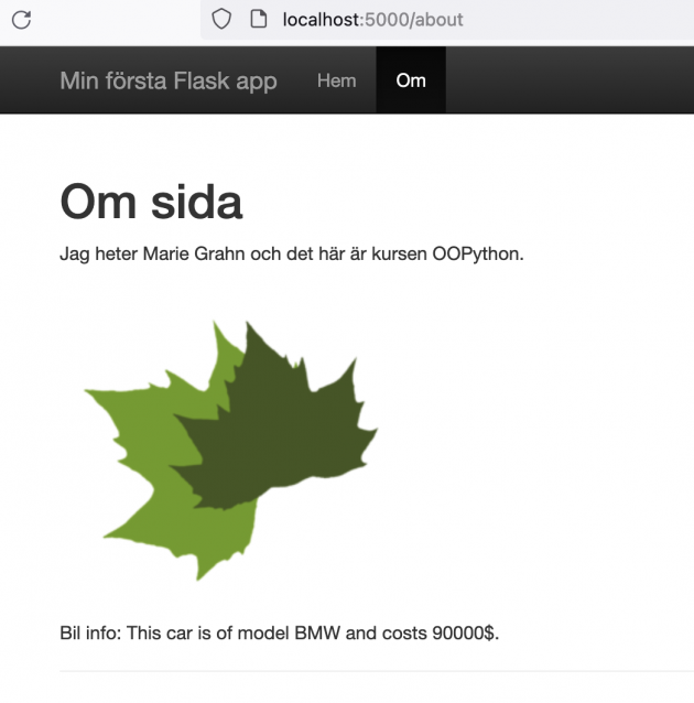 Information från klassen Car i routen /about är tillagd på sidan.