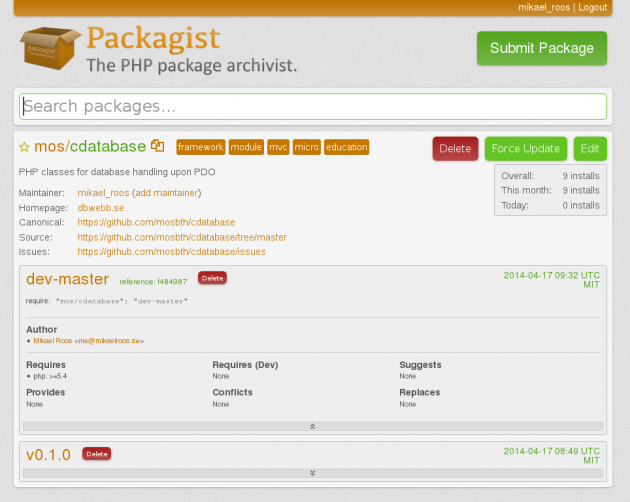 Koppla Packagist till GitHub report och det blir ett paket som här heter mos/cdatabase.