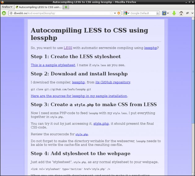 The testfile uses `style.php` to create `style.css` from `style.less`.