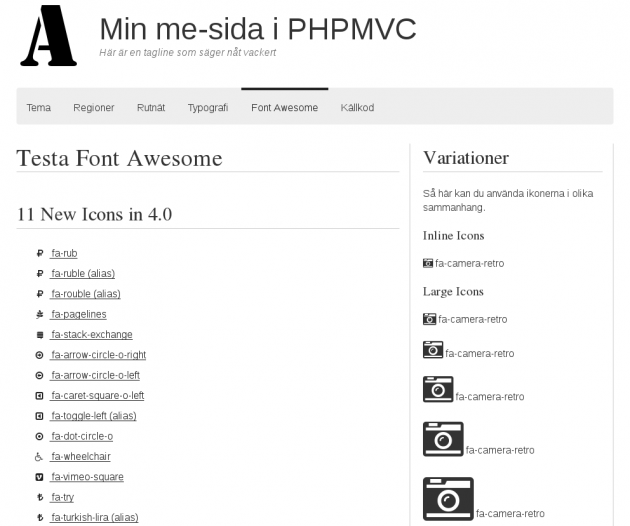 Testsida med exempel på Font Awesome.