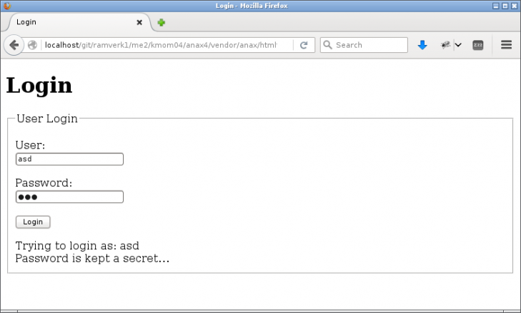 Ett login formulär via modulen `anax/htmlform`.