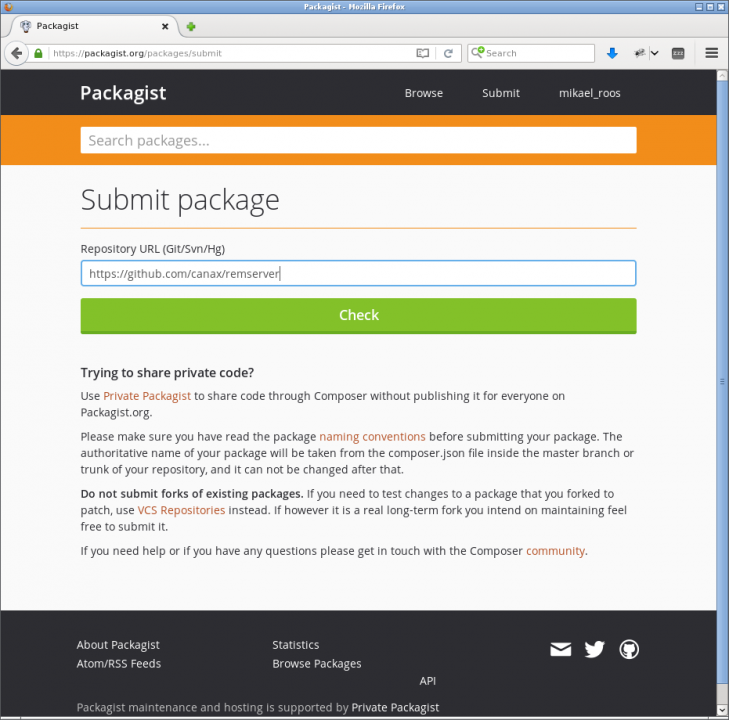 Submitta ett paket till Packagist genom att ange dess url till GitHub.