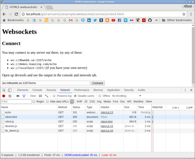 Chrome i fliken Networks vid uppkoppling för websockets.