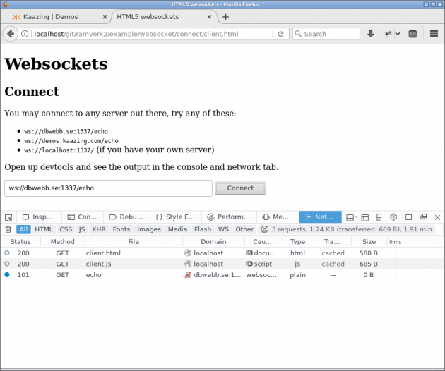 Firefox i fliken Networks vid uppkoppling för websockets.