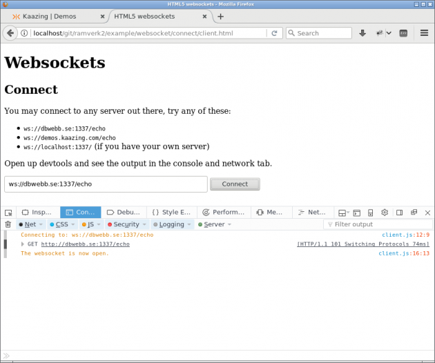 Firefox visar detaljer i Console när uppkopplingen sker för websockets.