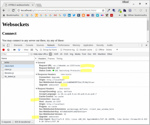 Chrome visar hur request och response header innehåller detaljer om uppgradering till protokoll websocket.