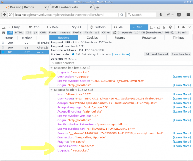 Firefox visar hur request och response header innehåller detaljer om uppgradering till protokoll websocket.