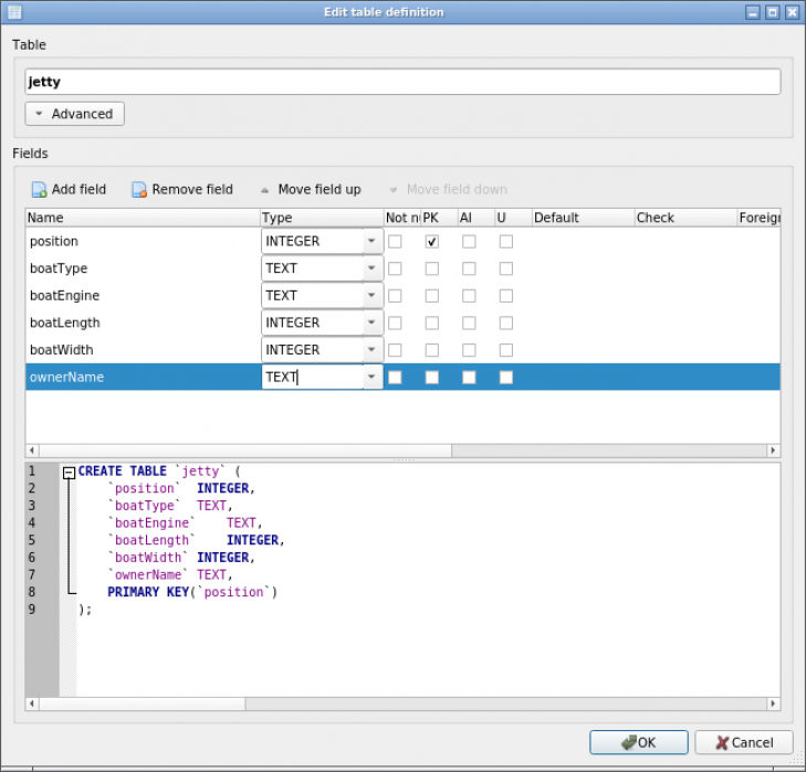 Skapa en ny tabell jetty i databasen boatclub.sqlite.