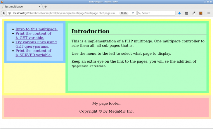 En multisida i PHP, navigeringsmeny i vänsterkanten och färgad i pastellfärger.