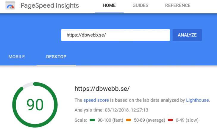 Webbplatsen dbwebb.se mäts med verktyget PageSpeed Insights.
