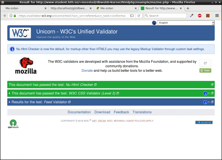 Unicorn validerar HTML, CSS och om sidan innehåller ett _feed_ (vilket sidan inte gör).