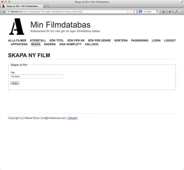 Formulär för att skapa ny film.