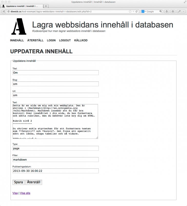 Formulär för att editera innehåll i databasen.