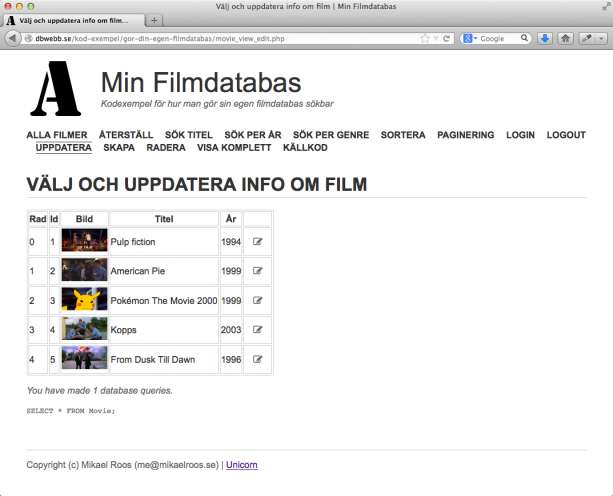 Lista de filmer som finns och en knapp/länk för att uppdatera informationen.