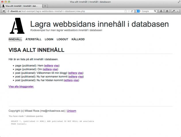 Visa allt innehåll från databasen.