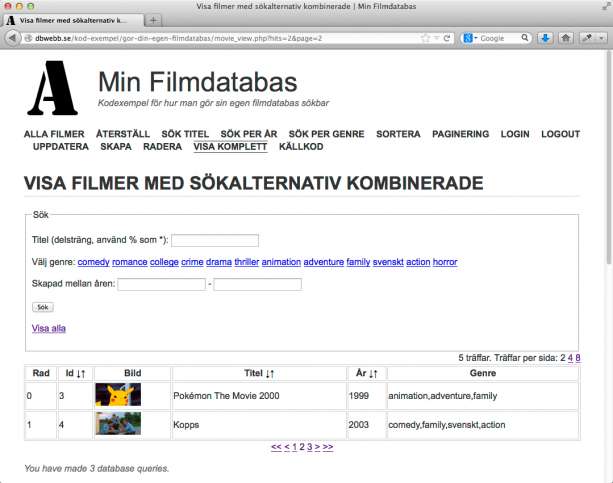 Olika sätt att söka ut informationen ur filmdatabasen.