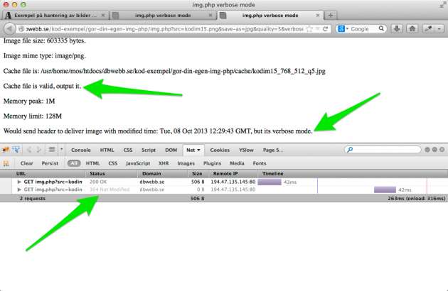 Firebug visar vilka resurser som cachas eller ej, nu är bilden cachad.