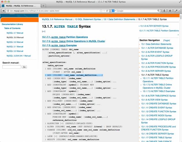 Ett exempel på hur refmanualen beskriver syntax för ett SQL-kommando.