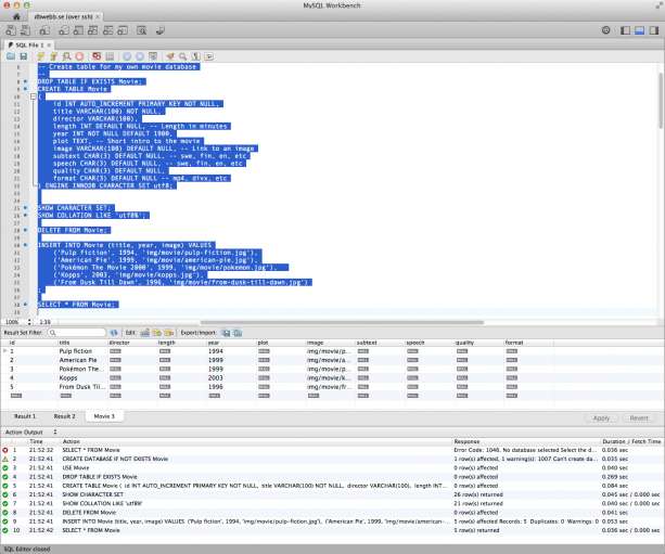 Databasen och tabellen skapas i MySQL med WorkBench.