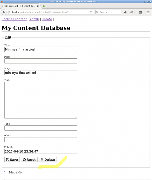Ett formulär för att jobba CRUD med innehåll i databasen.