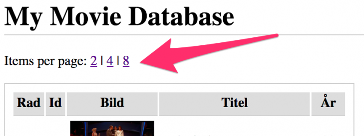 Menyn för att bestämma hur många träffar som visas per sida.