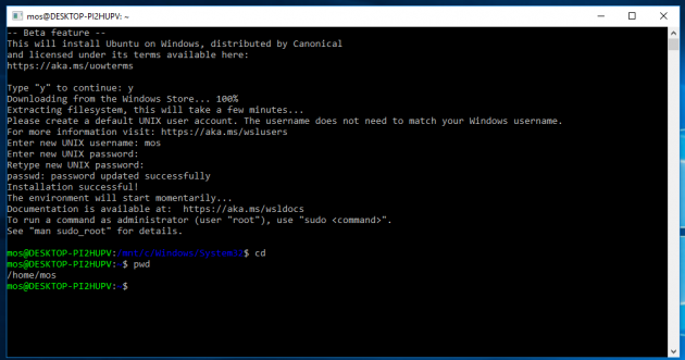 Nu är Bash för Windows installerat och klart.