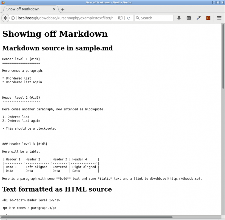 Utskriften av testprogrammet för Markdown.
