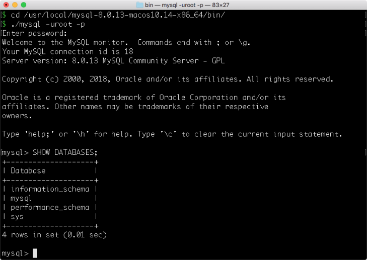 MySQL terminalklient startad i en terminal.