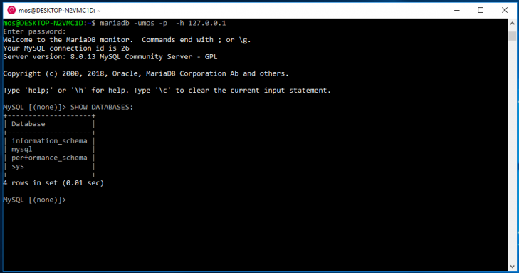 Startar terminalklienten på Debian/Bash i Windows 10.