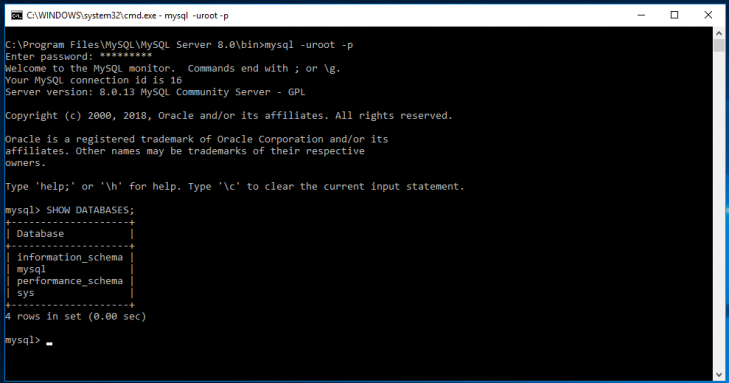Startar MySQL terminalklient i Windows cmd-terminal.