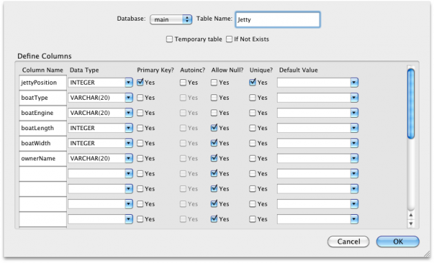 Skapa en ny tabell, Jetty, i databasen boats.sqlite.