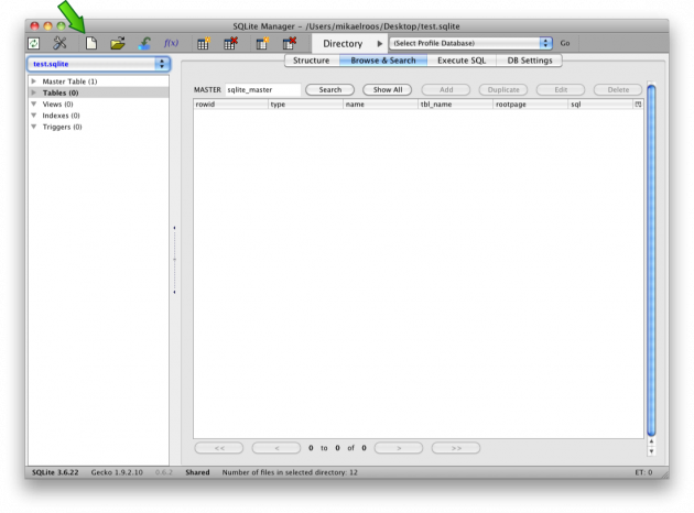 Skapa en ny databas, test.sqlite, i SQLite Manager.