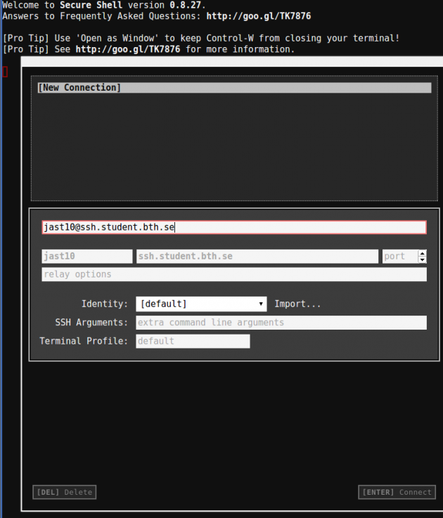 Inloggning till SSH via Secure Shell addon i Chrome
