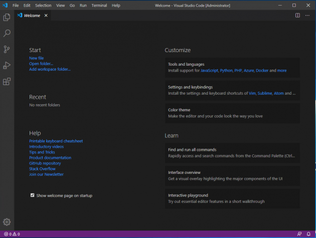 Visual Studio Code hälsar dig välkommen.