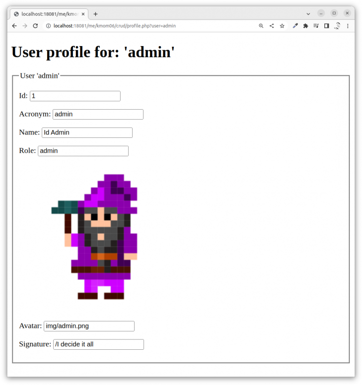 Vald användare visas med detaljer om sin användare.