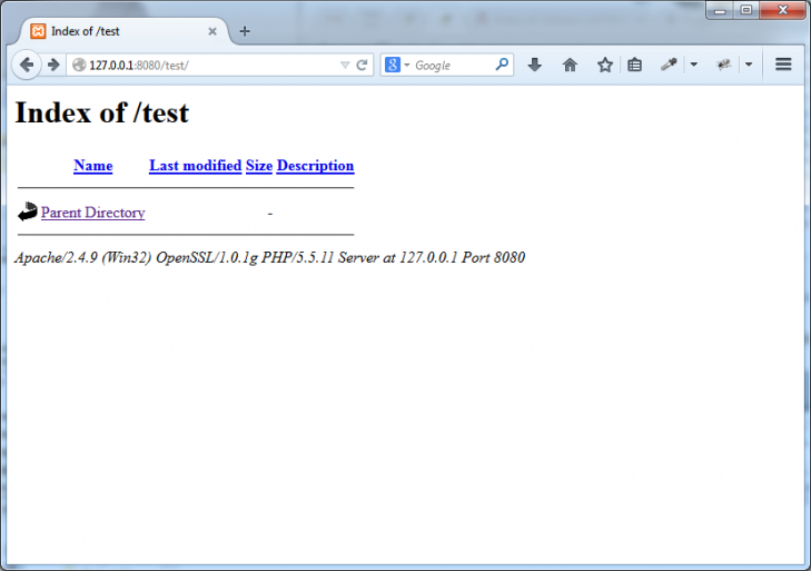Katalogen `test` öppnad i webbläsaren via webbservern.