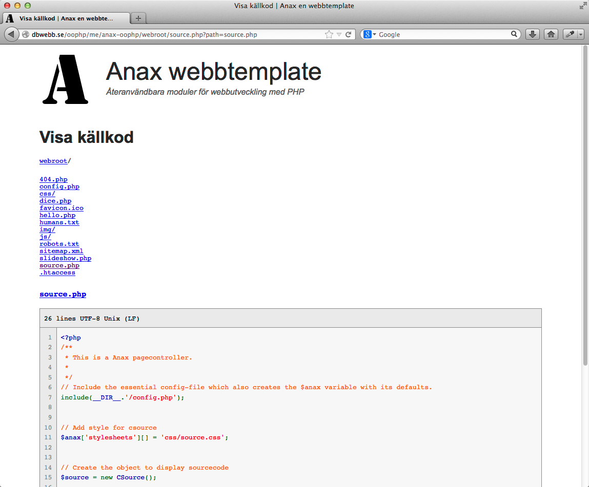 CSource visar källkoden som en integrerad del i Anax.